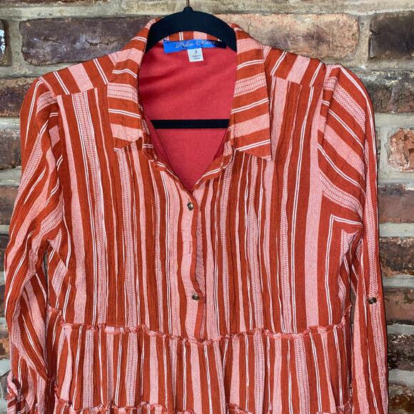 Francesca's Blue Rain Orange Striped Tiered Tunic Top Women's Size Small - Picture 2 of 7